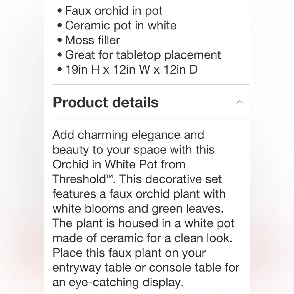 THRESHOLD NWT faux orchid in white pot -19”h